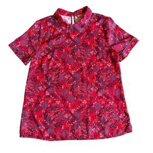 Modcloth Red Floral Collar Top Short Sleeve Small Keyhole Closure